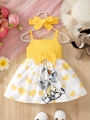 Fashionable baby girl summer trend cute heart with cartoon elephant suspender dress.