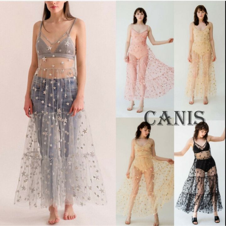 Star Print Beach Ankle-Length Spaghetti Strap Dress Women Summer Sleeveless V-neck Vestidos Female Lace Mesh Shirring Dresses