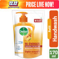Dettol Handwash Re-energize 170ml Refill, pH-Balanced Liquid Soap formula.