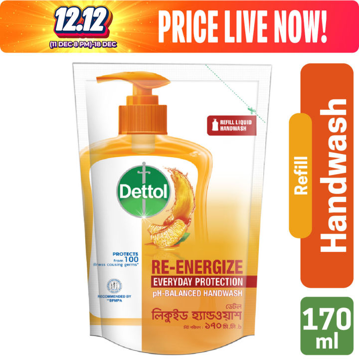 Dettol Handwash Re-energize 170ml Refill, pH-Balanced Liquid Soap formula