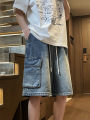 Summer Men's Cargo Denim Shorts Baggy Straight Fashion Casual Wide Leg Short Pants Big Pocket Beach Vacation Short Jeans Male. 