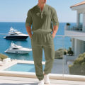 American loose linen set for men autumn Hawaiian home commuter thin Henry shirt long sleeve pants set.