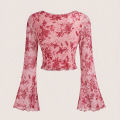 Summer Women's Y2k Floral Printed Sweet V-Neck T-shirts Mesh Beach Party Dress Top Flare Sleeve Square Collar Lace Up Shirt 2025. 