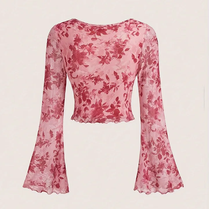 Summer%20Women's%20Y2k%20Floral%20Printed%20Sweet%20V-Neck%20T-shirts%20Mesh%20Beach%20Party%20Dress%20Top%20Flare%20Sleeve%20Square%20Collar%20Lace%20Up%20Shirt%202025%20-%20Image%202