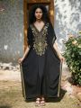 Gold Embroidery Long Kaftan Dresses V Neck Caftan Dress Beach Cover Ups for Women Embroidery. 