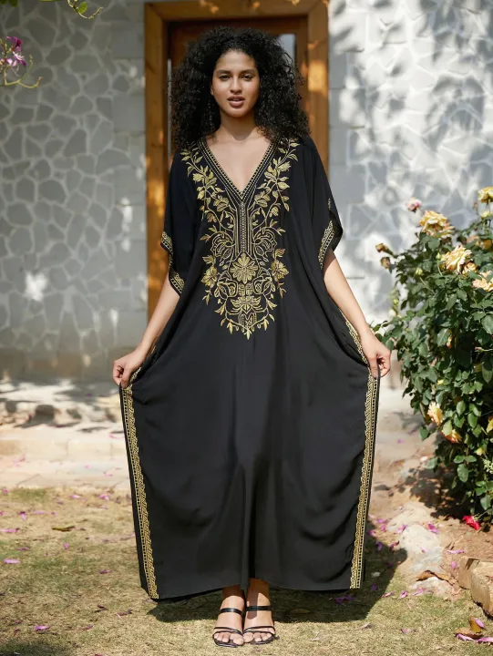Gold%20Embroidery%20Long%20Kaftan%20Dresses%20V%20Neck%20Caftan%20Dress%20Beach%20Cover%20Ups%20for%20Women%20Embroidery%20-%20Image%203