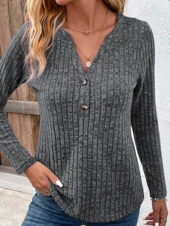 Women's%20Fashionable%20V-neck%20Button%20Up%20Top%20With%20Pit%20Stripes%20-%20Image%203