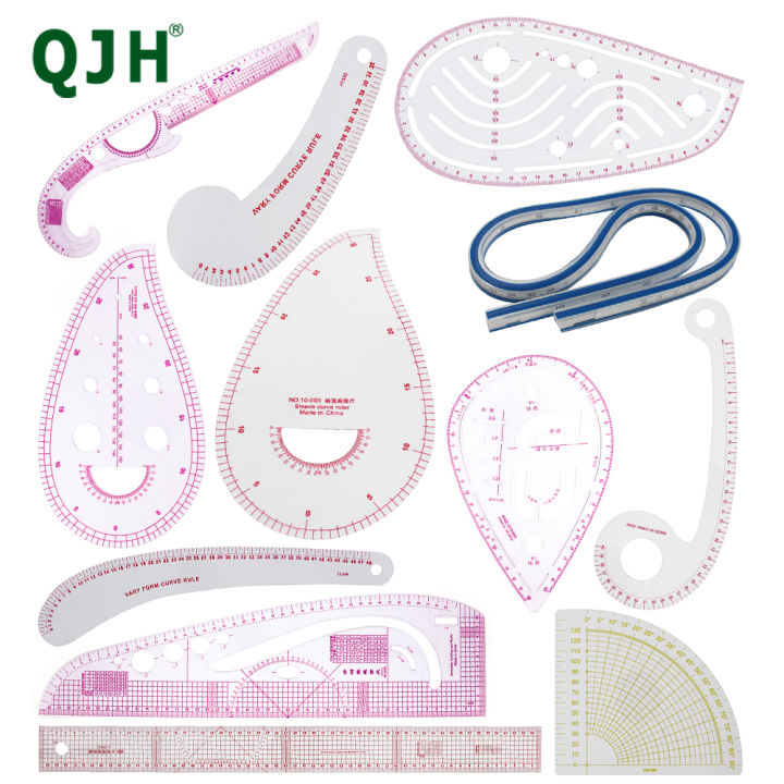 QJH Fashion Clear Metric Sewing Ruler Set, French Curve Pattern Making Ruler Kit for Beginners Tailors Designers (3-Piece Set)