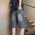 Mens Shorts American High Street Embroidered Denim Summer Lightweight Loose Fit Casual Bottoms. 