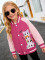 Little girl's cartoon baseball jacket with heart-shaped cat pattern, suitable for children's casual outdoor daily activities.