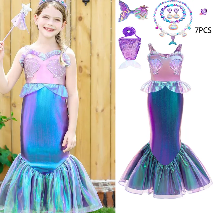 7pcs%20Girls%20Little%20Mermaid%20Cosplay%20Party%20Dress%20For%20Young%20Kids%20Beading%20Ariel%20Princess%20Gown%20Girl%20Fashion%20Evening%20Trumpet%20%20Costumes%20-%20Image%202
