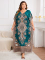 Spring/Summer New plus Size Women's Ethnic Print Vacation Style Wrap Long Robe Elegant Commute Loose Dress. 