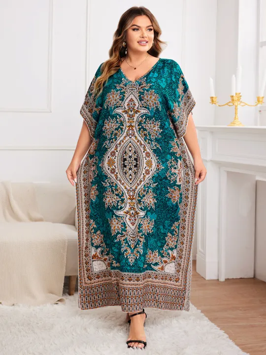 Spring/Summer%20New%20plus%20Size%20Women's%20Ethnic%20Print%20Vacation%20Style%20Wrap%20Long%20Robe%20Elegant%20Commute%20Loose%20Dress%20-%20Image%205