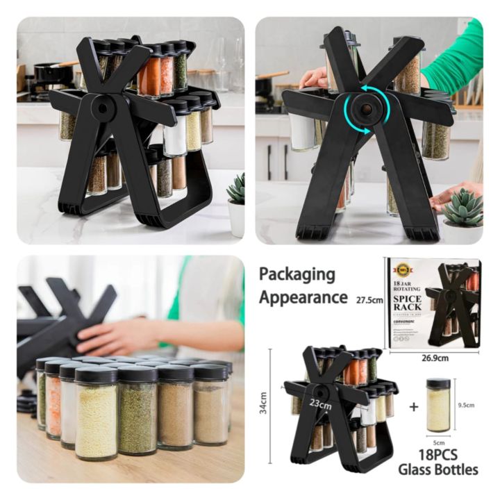 Rotating Spice Rack Organizer with 18 Glass Spice Jars With Spice ...