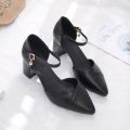 Ladies Elegant Beige Pointed Toe Thin Strap Cross Buckle Mid Heel Sandals Daily Office Shoes.