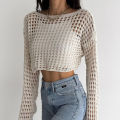 Fishnet Crochet Top Long Sleeve Crop Pullover Women Summer Cover Up Open-knit Blouse Y2K Grunge Outfit. 