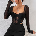 Chic V Neck Long Sleeve Mesh Crop Top, Women Black Backless Lace Embroidery Hollow Out Slim Comfortable Casual Wear Blouse.