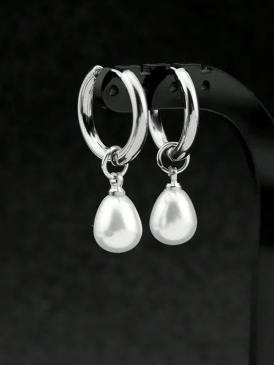 1%20Pair%20Stainless%20Steel%20Waterproof%20And%20Non-Fading%20Stylish%20Women's%20Water%20Droplet%20Pearl%20Hoop%20Earrings,%20Suitable%20For%20Women's%20Daily%20-%20Image%205