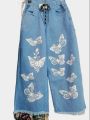 Wide Leg Flower Printed Jeans Flapper For Girls(7 to11). 