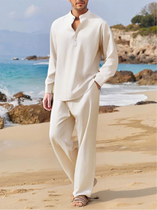 Summer%20Men's%20Casual%20Two%20Pieces%20Daily%20Outdoor%20Travel%20Basic%20Breathable%20Shirt%20Solid%20Pants%20Suit%20Male%20Beach%20Tracksuits%20Set%20-%20Image%202