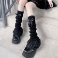 Ruffled Design Knitted Leg Warmer Lace Trim Bow Tiered Lace Lolita Socks Warm Knitted Fabric T-shaped Lace Socks Japanese Style.