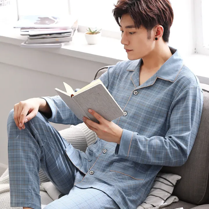 Pajamas%20Men's%20Spring%20and%20Fall%20Winter%20100%25%20Cotton%20Long-Sleeved%20Large%20Size%20Leisure%20Sleepwear%20Homewear%20Plaid%20Nightwear%20Loungewear%20-%20Image%202