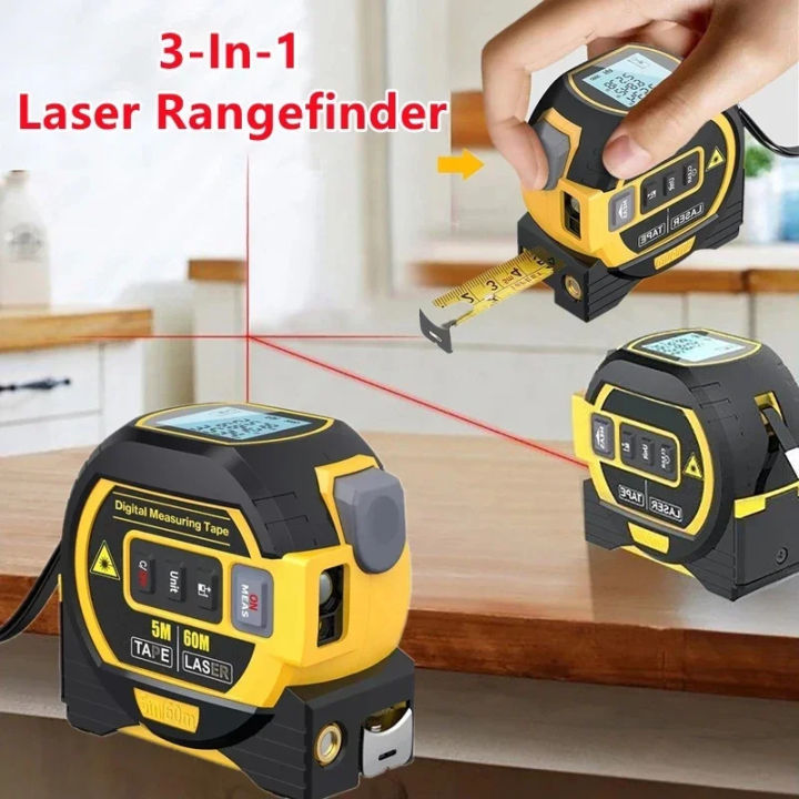 Laser Ranger Ruler 3 in 1 Laser Rangefinder 5M Tape Measure Ruler LCD Display with ...