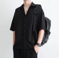 men's solid color simple Japanese style tooling short sleeve shirt. 