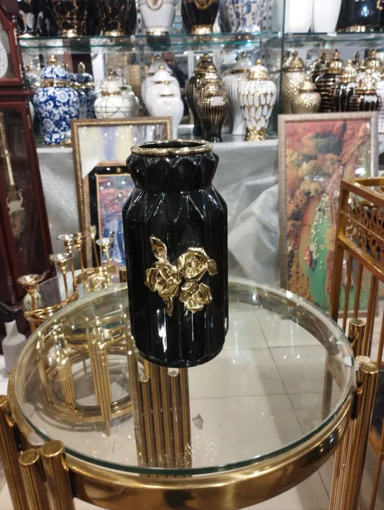 Ceramic%20Vase%208%20inches%20Black%20White%20golden%20flower%20-%20Image%204