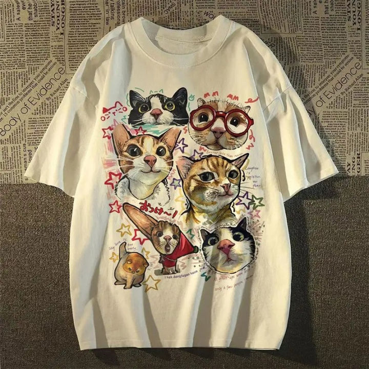 American%20Retro%20Fun%20Cartoon%20Cat%20Print%20Short-sleeved%20T-shirt%20Women's%20Summer%20Loose%20Top%20T-shirt%20Graphic%20T%20Shirts%20Women%20Clothing%20Y2K%20-%20Image%207