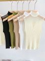 Mesh Knitted Top Women Y2K Tank Top Half Neck Vest Female Sleeveless Sweater Chic Cut Out Streetwear Solid Skinny White Tube Top.