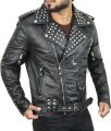 Men’s Studded Black Leather Biker Jacket – Heavy Duty Zippers, Multi Pockets & Belted Motorcycle Style. 