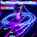 3 in 1 Glowing LED Light 3A Fast Charging Micro USB Type C Cable For iPhone Samsung Xiaomi Redmi Phone Charger USB Cable. 