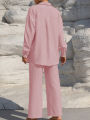 Women's Solid Button Front Shirt & Tie Front Wide Leg Pants Two-piece Set, Casual Drop Shoulder Long Sleeve Blouse Top & Trouser. 