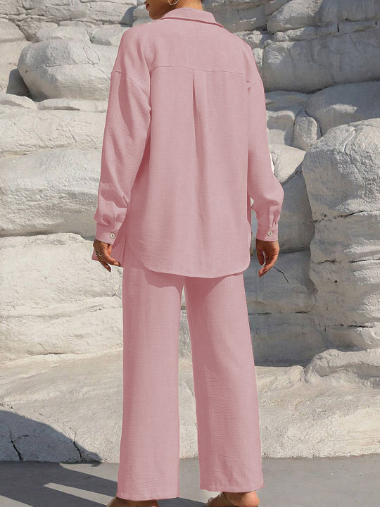 Women's%20Solid%20Button%20Front%20Shirt%20&%20Tie%20Front%20Wide%20Leg%20Pants%20Two-piece%20Set,%20Casual%20Drop%20Shoulder%20Long%20Sleeve%20Blouse%20Top%20&%20Trouser%20-%20Image%202
