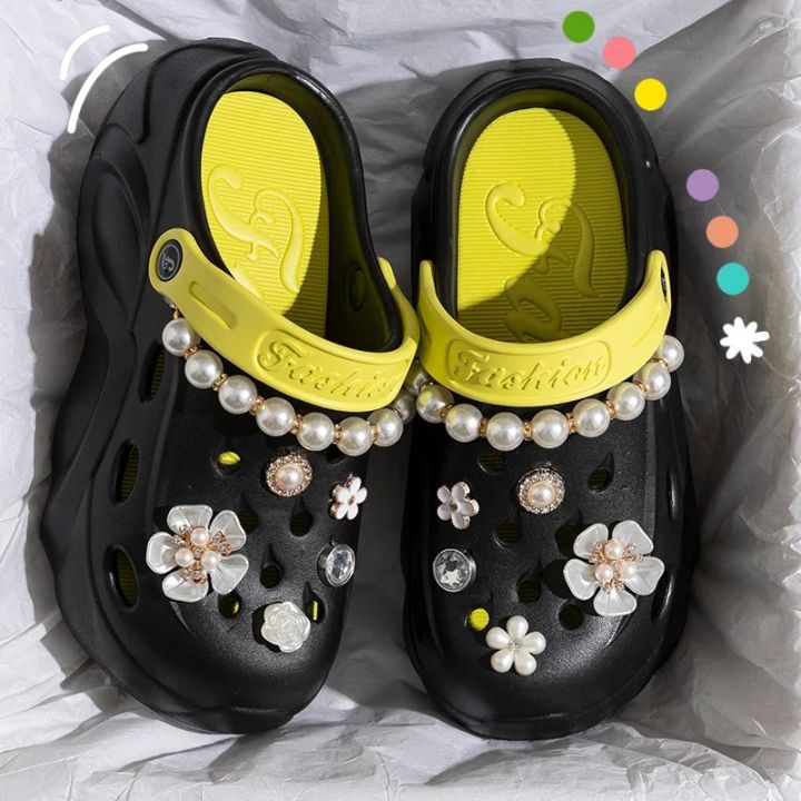 Fashion Diy Pearls Chain Clogs Sandals Women Flowers Crystal Chunky Platform Sandals Woman Outdoor Beach Thick Sole Garden Shoes