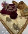 Unstitched Bridal Partywear 3-Piece Suit - Kataan Silk with Mirror Work and Golden Net Dupatta Customized. 