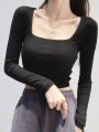 Women Ribbed Square Neck Crop Top With Long Sleeve.