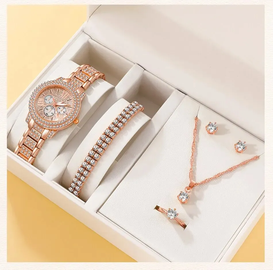 6PCS Set Luxury Watch Women Ring Necklace Earrings Rhinestone