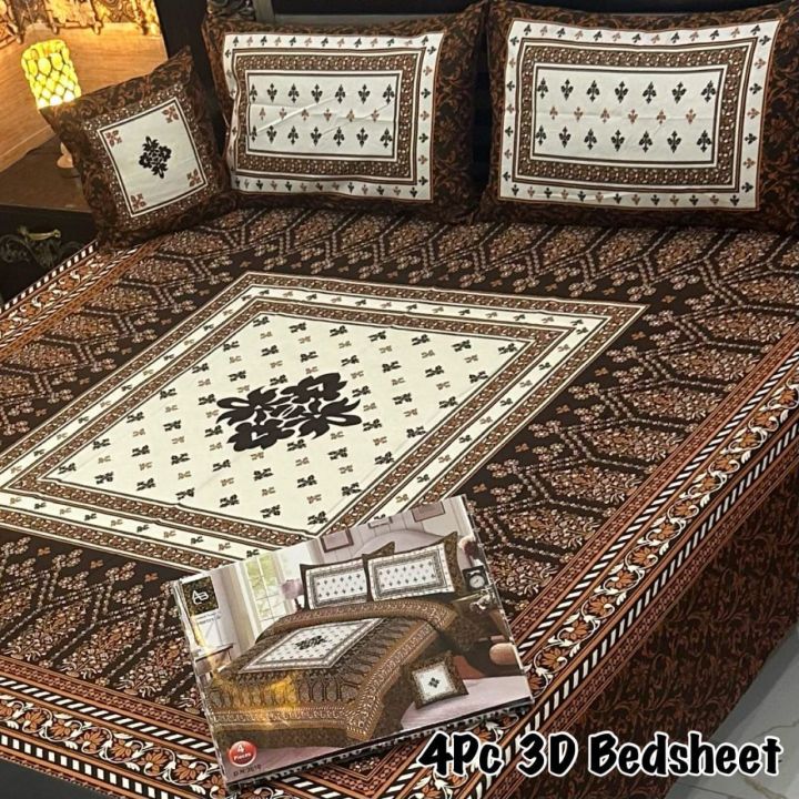 New Style 4Pc 3D Panel Bedsheet Crystal Cotton Bed Sheets King Size Bedsheet