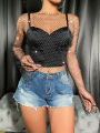 Mesh See Through T Shirt Shiny Rhinestone Fishnet Hollow Out Women Sexy Crop Top Long Sleeve Camis Cover Up Party Tank Tops. 