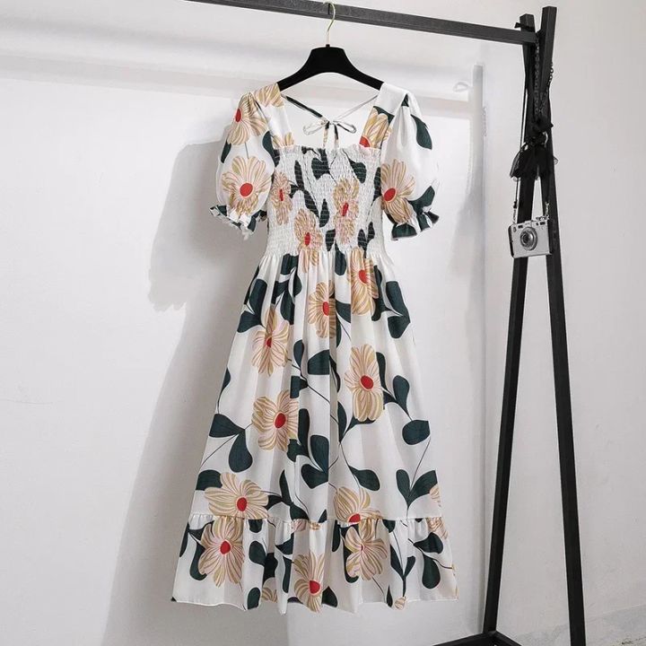 Spring%20Summer%20Chiffon%20Dresses%20Fashion%20Female%20Elastic%20Waist%20Short%20Sleeve%20Pleated%20Casual%20Dress%20Women%20A-line%20Dresses%20Vestidos%20-%20Image%202