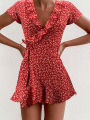 Summer Women’s Floal A-Line Dress Sweet Elegant Floral Ruffles V-neck Bandage Short Dress for Lady Chic Flowers Mini Dress.