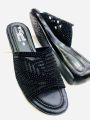 Trendy Black Slip-On Heels for Women - Comfortable Nylon, Eid Collection.