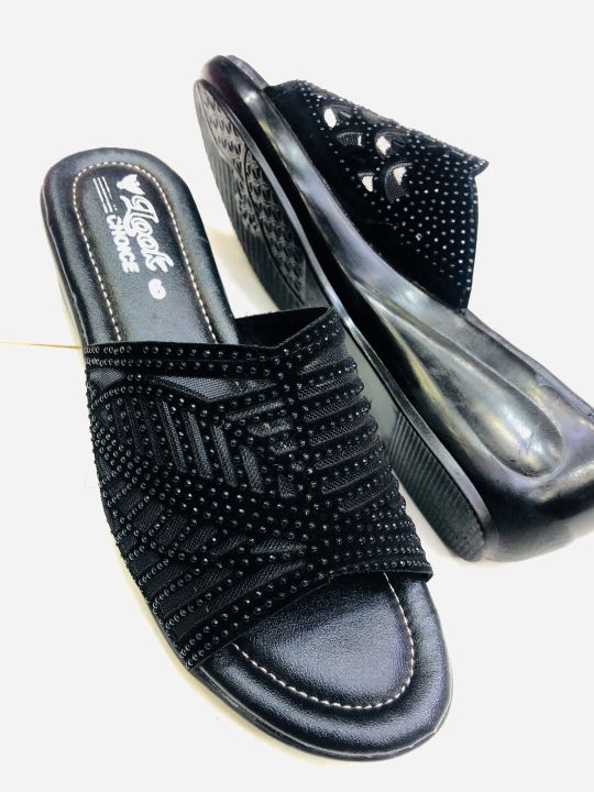 Trendy Black Slip-On Heels for Women - Comfortable Nylon, Eid Collection