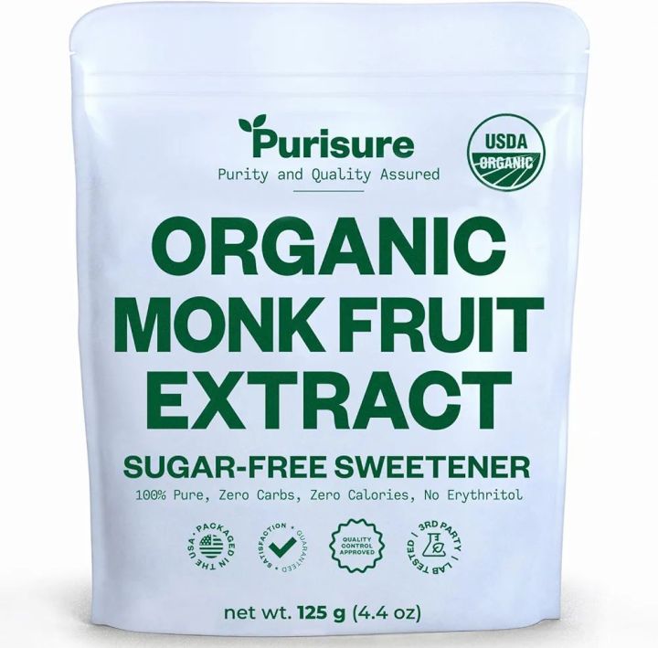 Organic Monk Fruit Extract 125g (4.41oz) 400 Servings, No Fillers Sugar Free Natural Sweetener Sugar Substitute, Paleo & Keto Friendly Zero Calories & Carbs, 100% Pure Monk Fruit Sweetener by PuriSure