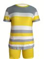 Trendy Plus Size Women's Two Piece Set Striped Short Sleeve Top and High Waist Shorts Casual Outfit. 