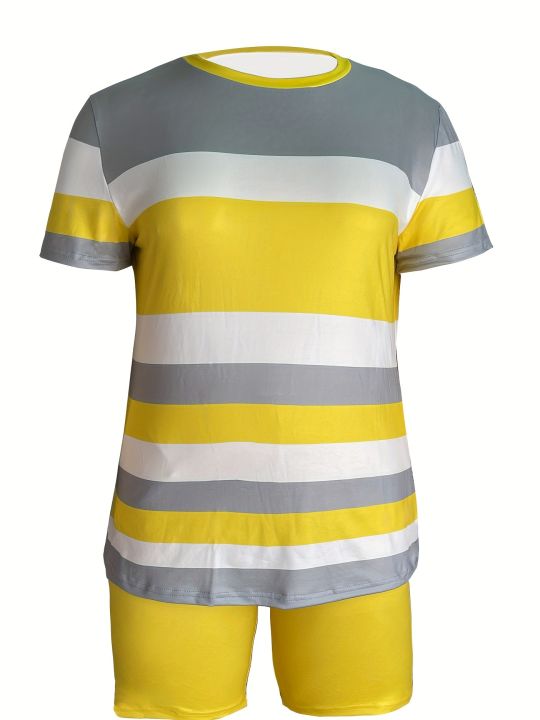 Trendy%20Plus%20Size%20Women's%20Two%20Piece%20Set%20Striped%20Short%20Sleeve%20Top%20and%20High%20Waist%20Shorts%20Casual%20Outfit%20-%20Image%205