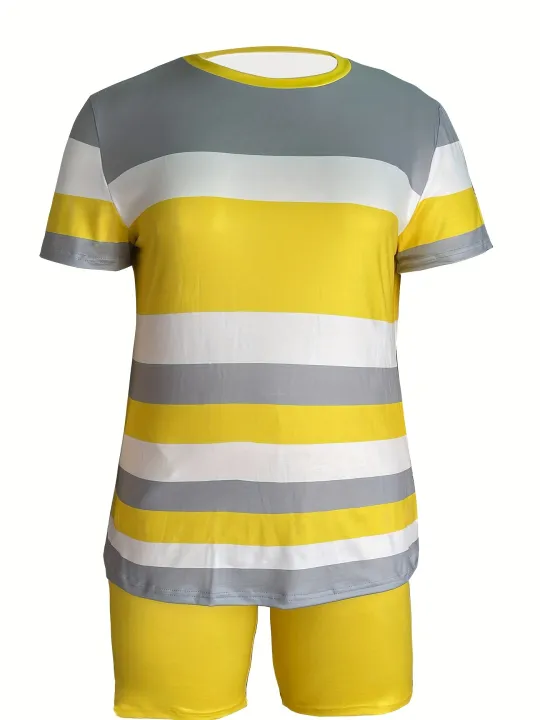 Trendy%20Plus%20Size%20Women's%20Two%20Piece%20Set%20Striped%20Short%20Sleeve%20Top%20and%20High%20Waist%20Shorts%20Casual%20Outfit%20-%20Image%205