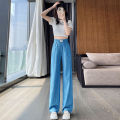 Thin Denim Trousers Letter Elastic Waist Pockets Casual Straight Wide Leg Long Pants Woman Clothing Summer High Street Blue New. 